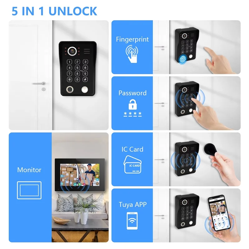 A69evideo 인터콤 시스템 Tuya Smart 1080P Wifi 모니터 도어 폰 지문 잠금 해제 비디오 엔트리 캠 초인종 홈 US 플러그
