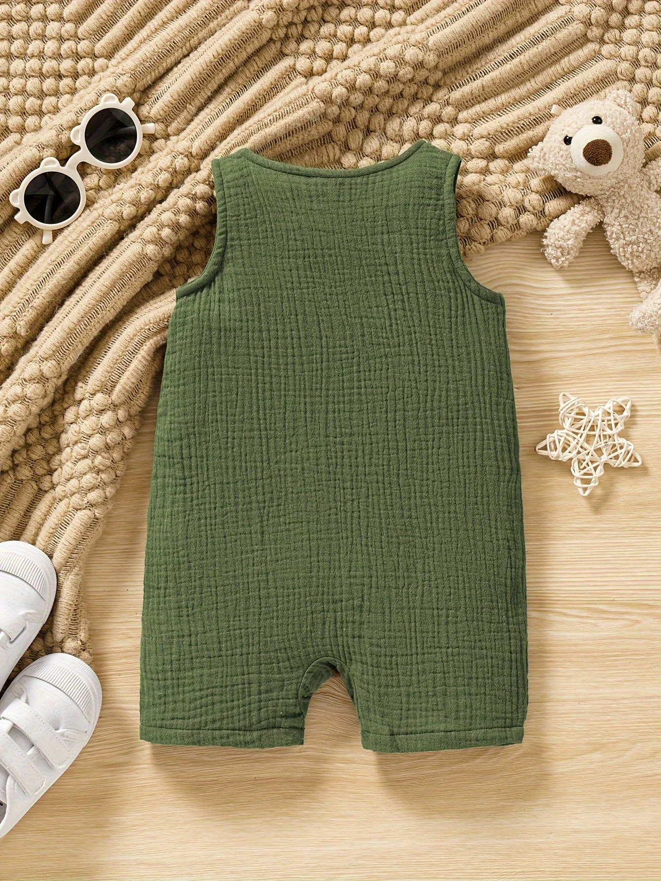 Baby's Comfy Cotton Button Front Bodysuit, Casual Solid Color Sleeveless Romper, Toddler & Infant Boy's Clothing 2