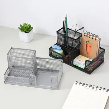 Organizer da scrivania in rete nera con portapenne e cestini portaoggetti, 3 scomparti, contenitore per accessori da ufficio per scrivania