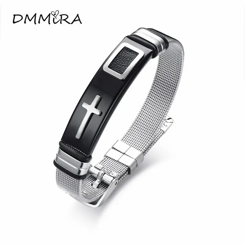 

Модные мужские браслеты с крестом, золотистые, черные браслеты из нержавеющей стали с изображением Иисуса и Креста, сетчатые браслеты на цепочке, ювелирные изделия