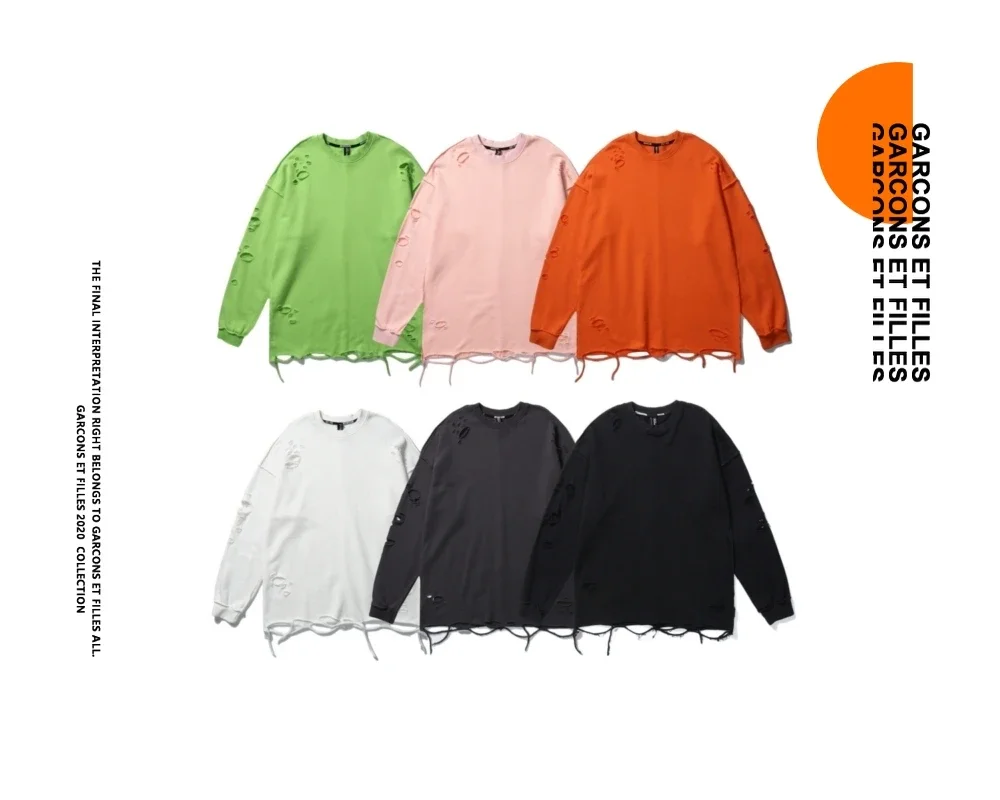 Camisolas rasgadas de manga comprida para homens e mulheres, pulôveres de ombro, streetwear com buracos rasgados, roupas grunge, sloth tops, primavera