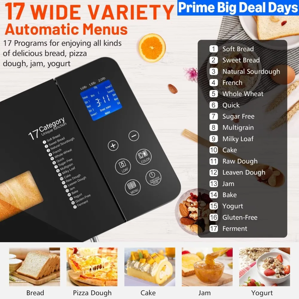 17-in-1 Bread Maker-Dual Heaters, 710W Machine Stainless Steel with Gluten-Free, Dough Maker,Jam,Yogurt 2