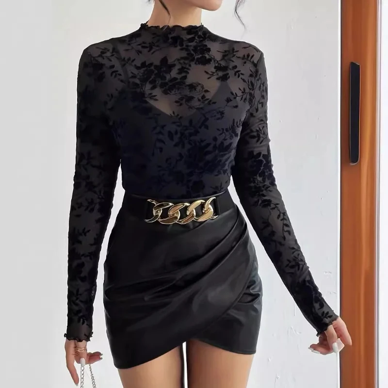 Fashion New Women's Small Stand-up Collar Mesh Lace Splicing Long-sleeved T-shirt Retro Elegant Women's Casual Top Slim Blouse