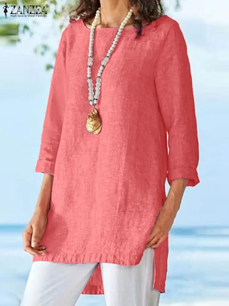 2023 ZANZEA Oversize Women Solid Shirt High Low O Neck 3/4 Sleeve Blouse Casual Loose Vintage Tops Holiday Spring Blusas Chemise
