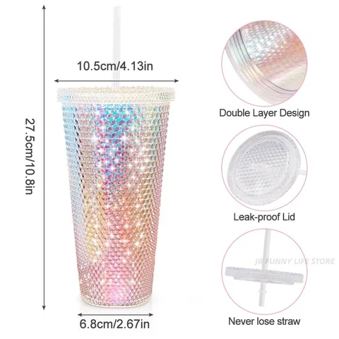 

710ml Diamond Radiant Goddess Water Bottle For Girl Double Wall Studded Tumbler with straw BPA Free Summer Drinkware