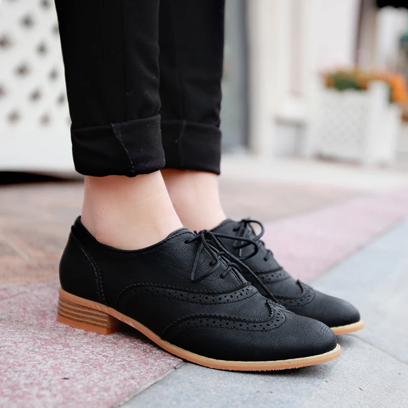 Vintage Flats Women Oxfords Black Beige PU Round Toe Low Square Heel Brogues Casual Office Party Lace Up Ladies Dress Shoes women oxford shoes,leather mary jane shoes
