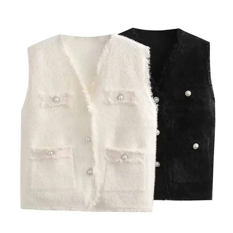 Women's Small Fragrance Sweater Vest Jacket Elegant V-neck Pearl Button Cardigan Pocket New 2022 Fashion Casual Coat Top level 4 super anti pilling top grade winter pleuche new v neck fashion brand knit cardigan casual preppy sweater vest sleeveless