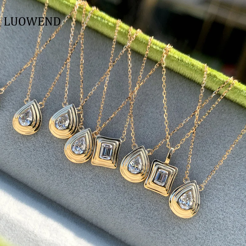 LUOWEND 18K Solid Yellow Gold Necklace Real Diamond Pendant Necklace Fashion Geometric Shape Jewelry for Women Holiday Gift