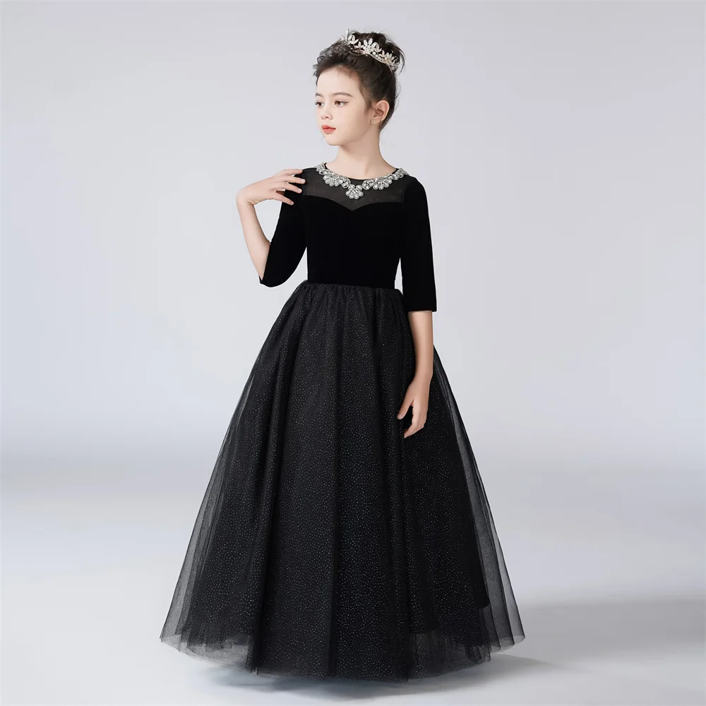 Dideyttawl O-Neck Dress For Girl Rhinestone Shiny Tulle Flower Girl Dresses Half Sleeves Kids Birthday Formal Princess Gowns