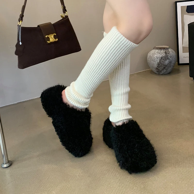 ZOOKERLIN Round Toe Thick High Heels Platform Women's Slippers Solid Color Wool Slip On Winter Soft Comfortable Woman Shoes Fur