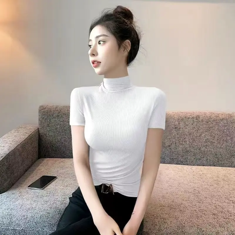 

Новинка 2024, женская футболка, топы, футболка с высоким воротом, Женская однотонная хлопковая футболка с коротким рукавом, топы L278