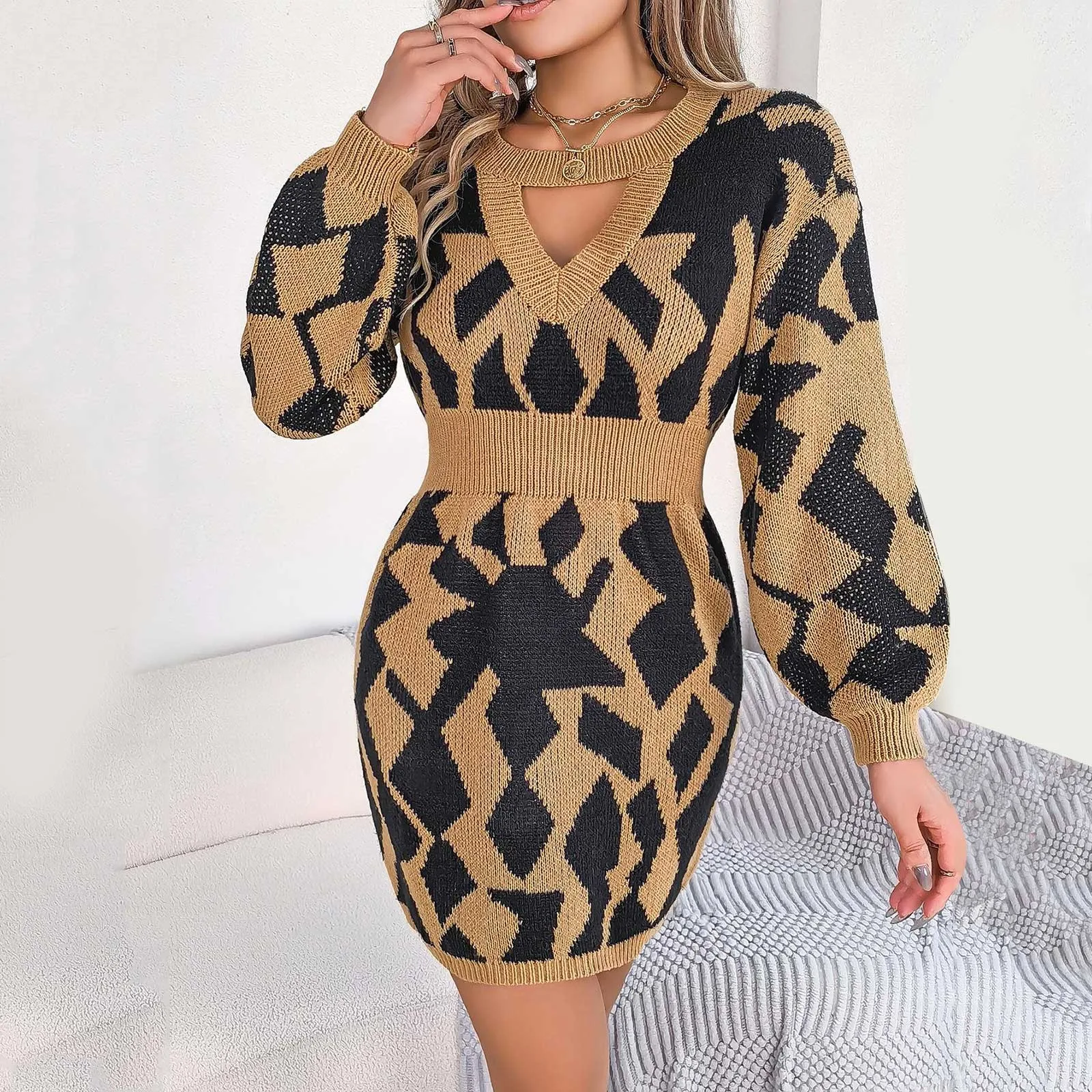

Women'S Sexy Sweater Dress Casual Mini Skirt Geometric Pattern Fashion Outdoor Streetwear V Neck Long Sleeve Bodycon Dress