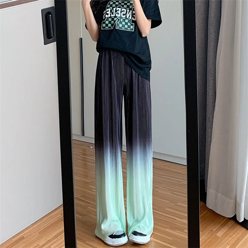 

Women's Tie Dye Color Pleated Chiffon Wide Leg Pants Lady Summer High Waist Thin Loose Long Pants