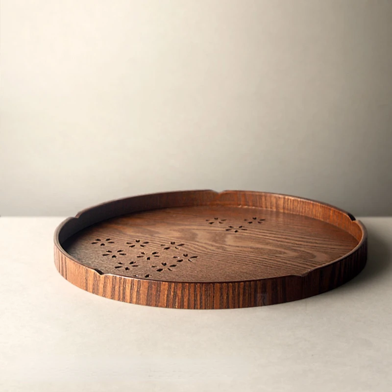 

Elegant Japanese Trays Cup Table Round Wood Engrave Office Serving Tea Trays Luxury Restaurant Food Bandejas House Decoration
