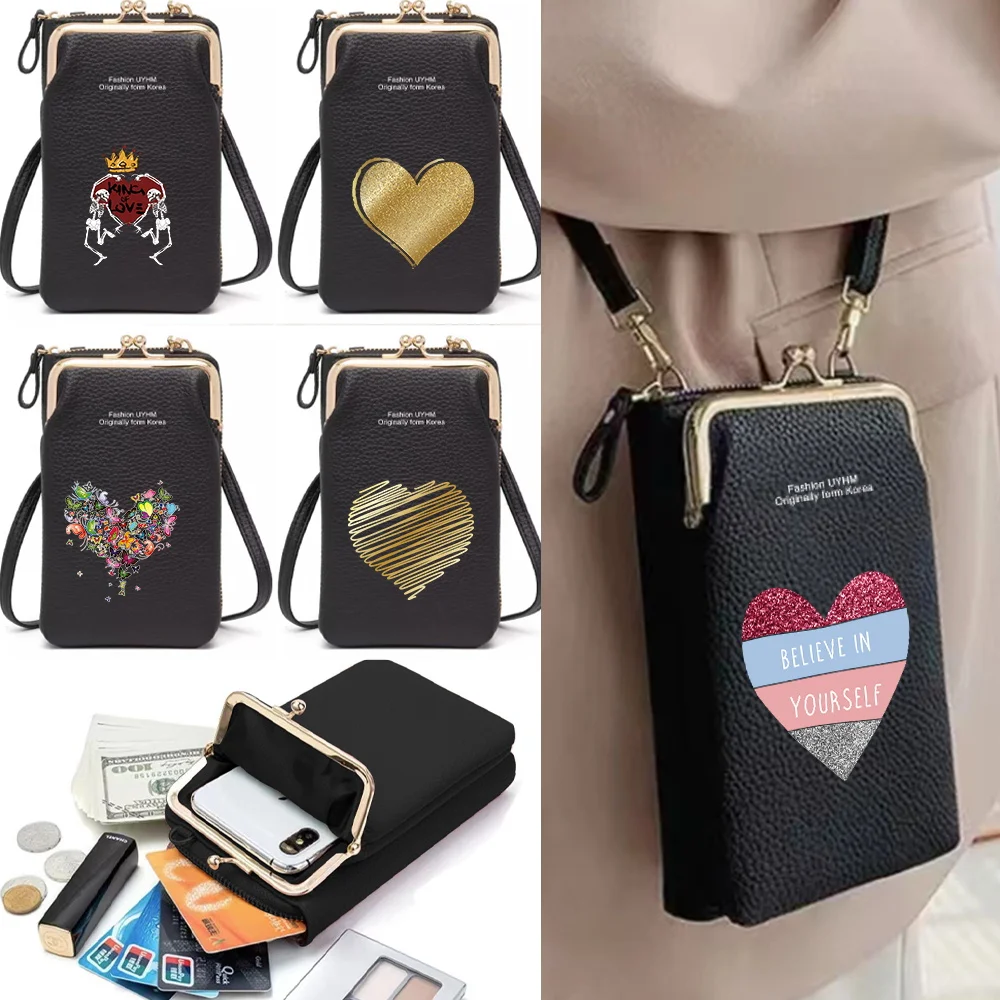 

Women Mobile Phone Shoulder Bags Messenger Bag Leather Crossbody Wallet Ladies Handbag Love Print Small Card Holder Coin Purse
