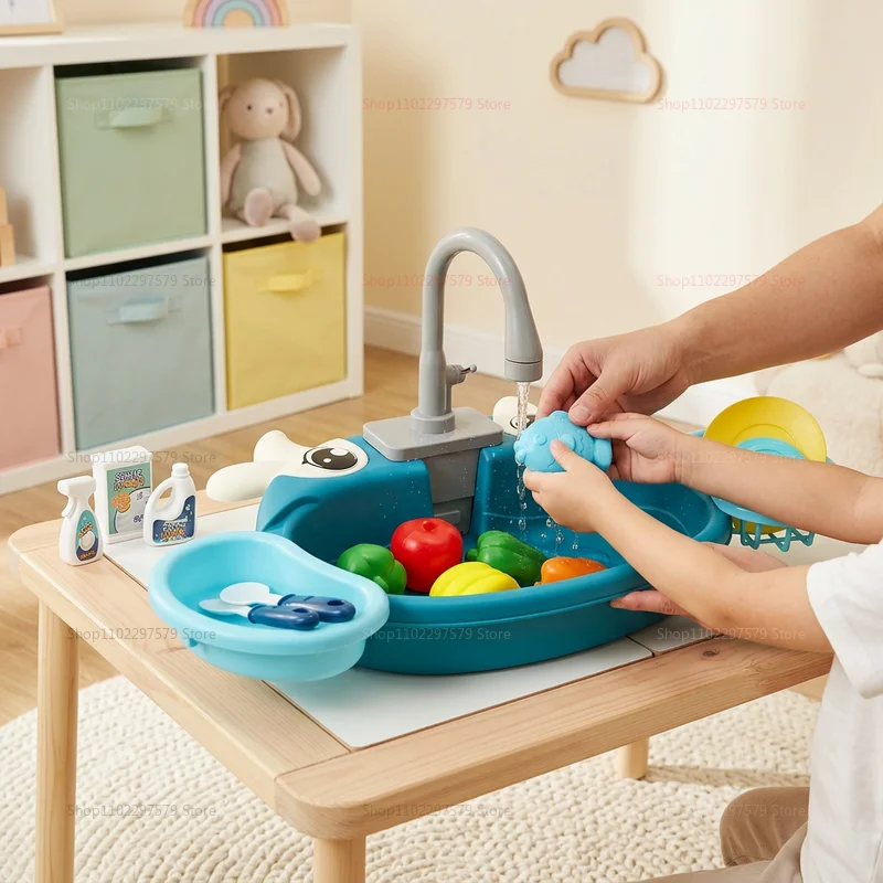 Kids Electric Play Sink Toy With Circulating Water Faucet Pretend Kitchen Water Play Set Educational Sensory Toys For Boys Girls - 5