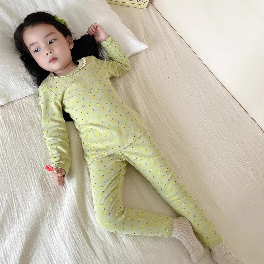 Mädchen-Pyjama-Set mit Blumenmuster – lange Unterhosen und Hosen für Frühling/Herbst, weiche, warme Baby-Nachtwäsche, süße Kinder-Hauskleidung (2-teilig) – Detail 2