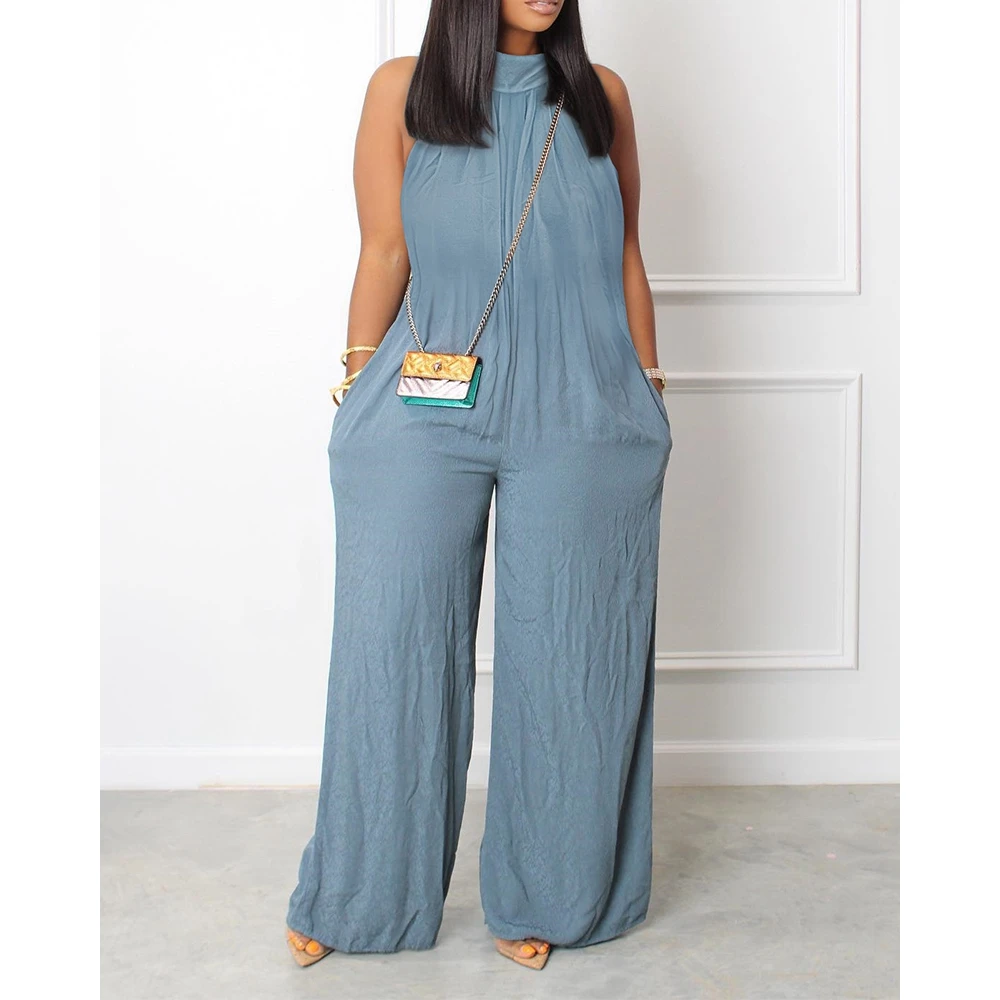 Women Sleeveless Pocket Detail Wide Leg Jumpsuit Solid Mock Neck Casual Long One Pieces Jumpsuits Woman Clothes Summer Outfits