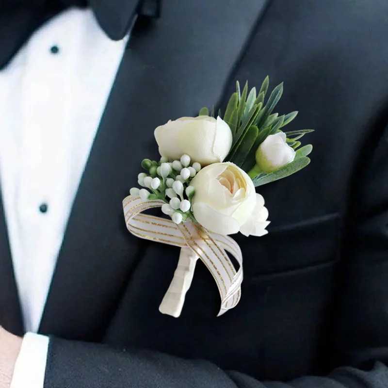 Boutonnieres Flowers Artificial Roses Silk Ivory Corsage Buttonhole Groomsmen Boutonniere for Men Wedding Accessories