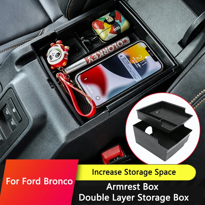 

QHCP Car Armrest Storage Box Tray ABS Central Console Armrest Storage Box Organizer For Ford Bronco 2021-2023 Interior Accessory