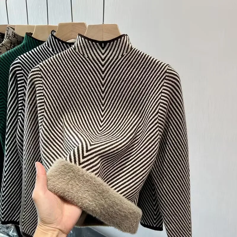 

Winter stripe Plus Velvet Sweaters For Women Casual Warm Knit Pullovers Korean Fleece Lined Knitwear stripe Bottomed Tops New