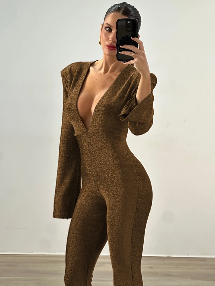 Women Jumpsuit Mozision Deep V Neck Long Sleeve Sexy Jumpsuits For Women Rompers Fashion Sparkle Backless Ruched Elegant Jumpsuit Outfits
