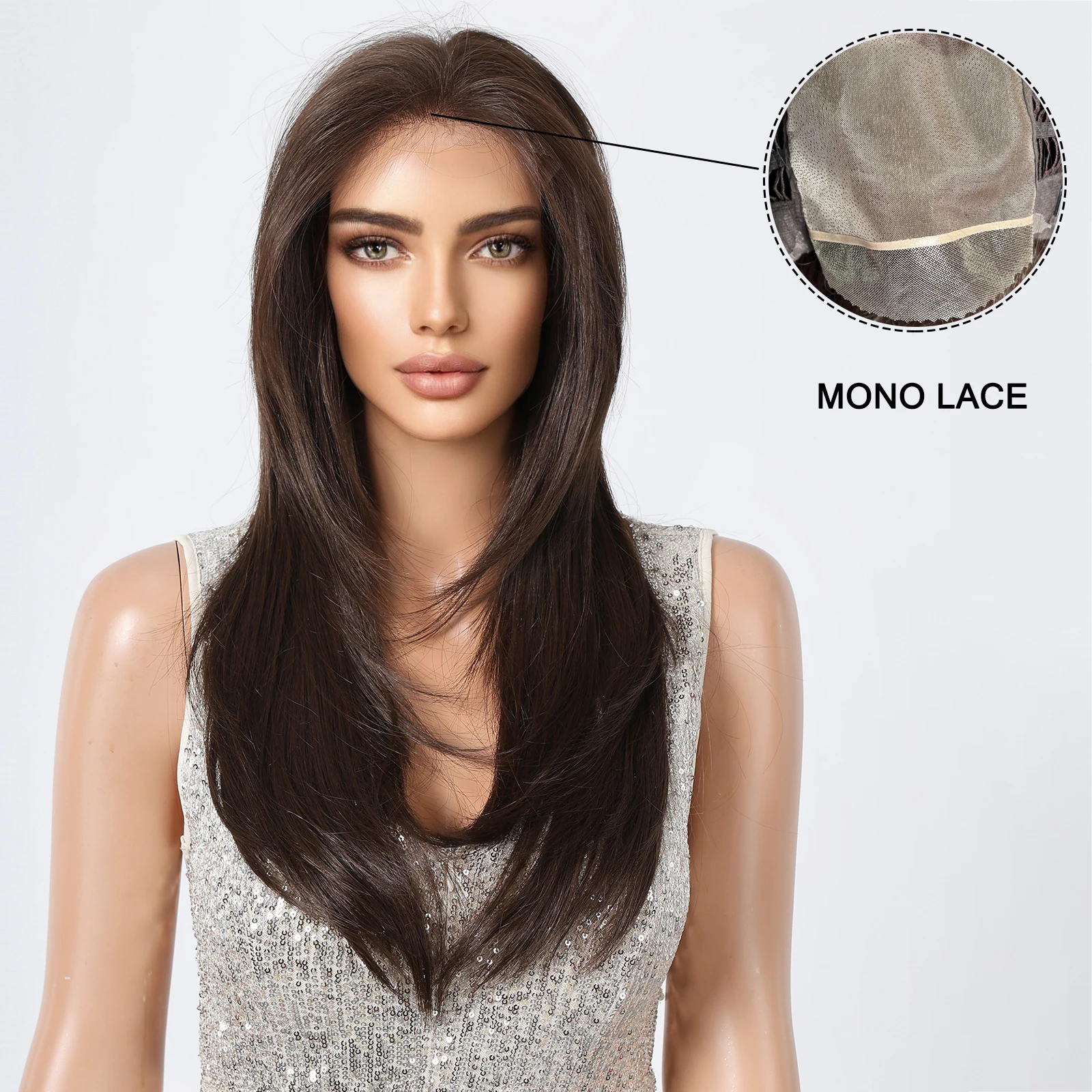 Lace Front Synthetic Wigs Dark Brown Black Mono Lace Hair Wigs Long Straight Layered Wigs for Women Daily Cosplay Heat Resistant compagnon daily lifestyle seasonal lacoste nf3958dg mono flour panorama l58
