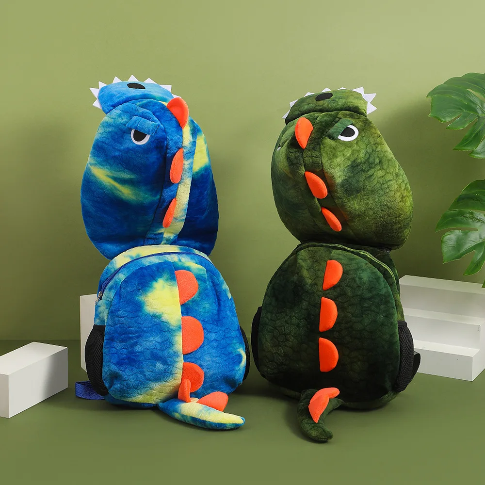 Children Backpack Cartoon Dinosaur Kindergarten Hooded Plush School Bag Boys Girls Traveling