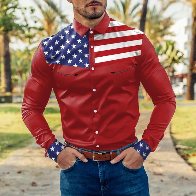 Camisa Casual Manga Corta Estampado Bandera Americana Hombre