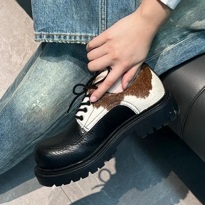 Horsehair Debi Same Men and Women Milk Mandarin Ducks Small Leather Lace-up Thick Heel Platform Soft Single Casual Shoes