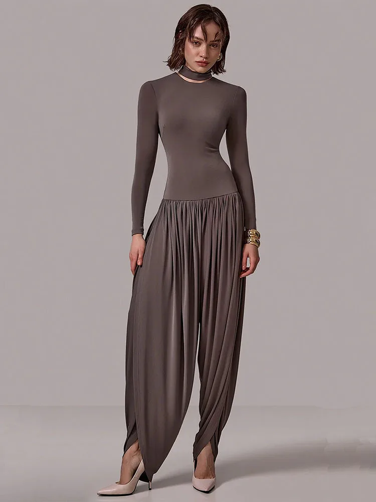 Mozision Long Sleeve Draped Sexy Jumpsuit Women Overalls Autumn Winter New Patchwork Solid Turtleneck High Waist Slim Jumpsuis 1