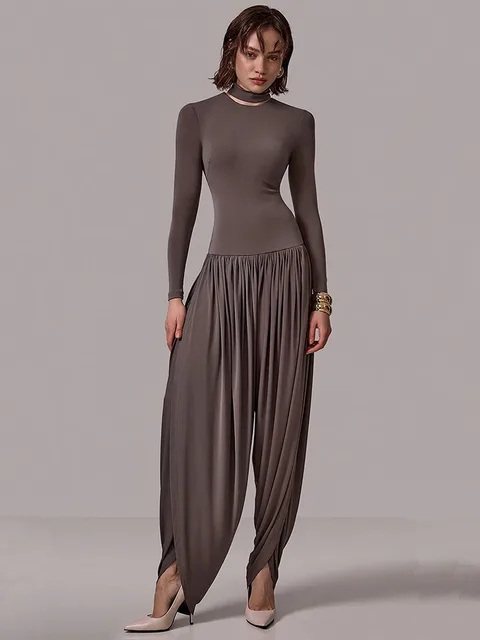 Mozision Long Sleeve Draped Sexy Jumpsuit Women Overalls Autumn Winter New Patchwork Solid Turtleneck High Waist Slim Jumpsuis 1