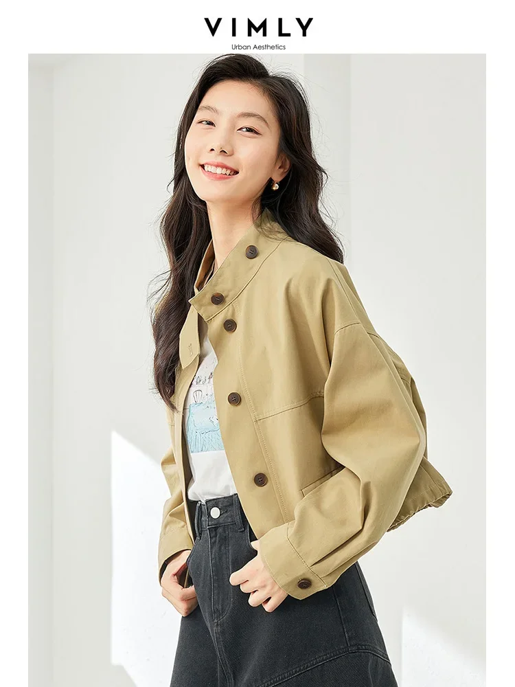 Vimly Stand Collar Short Cargo Jacket Women Autumn Outerwear 2023 Fall Fashion Khaki Cotton Long Sleeve Button Down Loose Coats