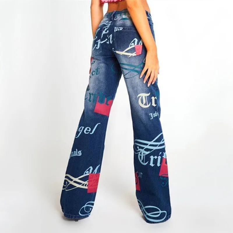 Y2K Print Denim Pants Women Casual Jaded High Street Female Jeans 2022 London Loose Trousers Women Low Rise Straight Jeans straight jeans