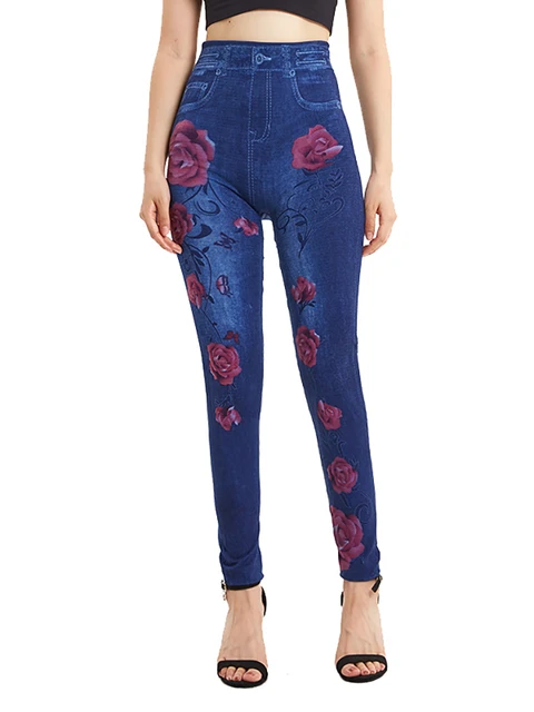 M-3XL Floral Embroidered Blue Jeans Casual Slim 8/10 Denim Pants