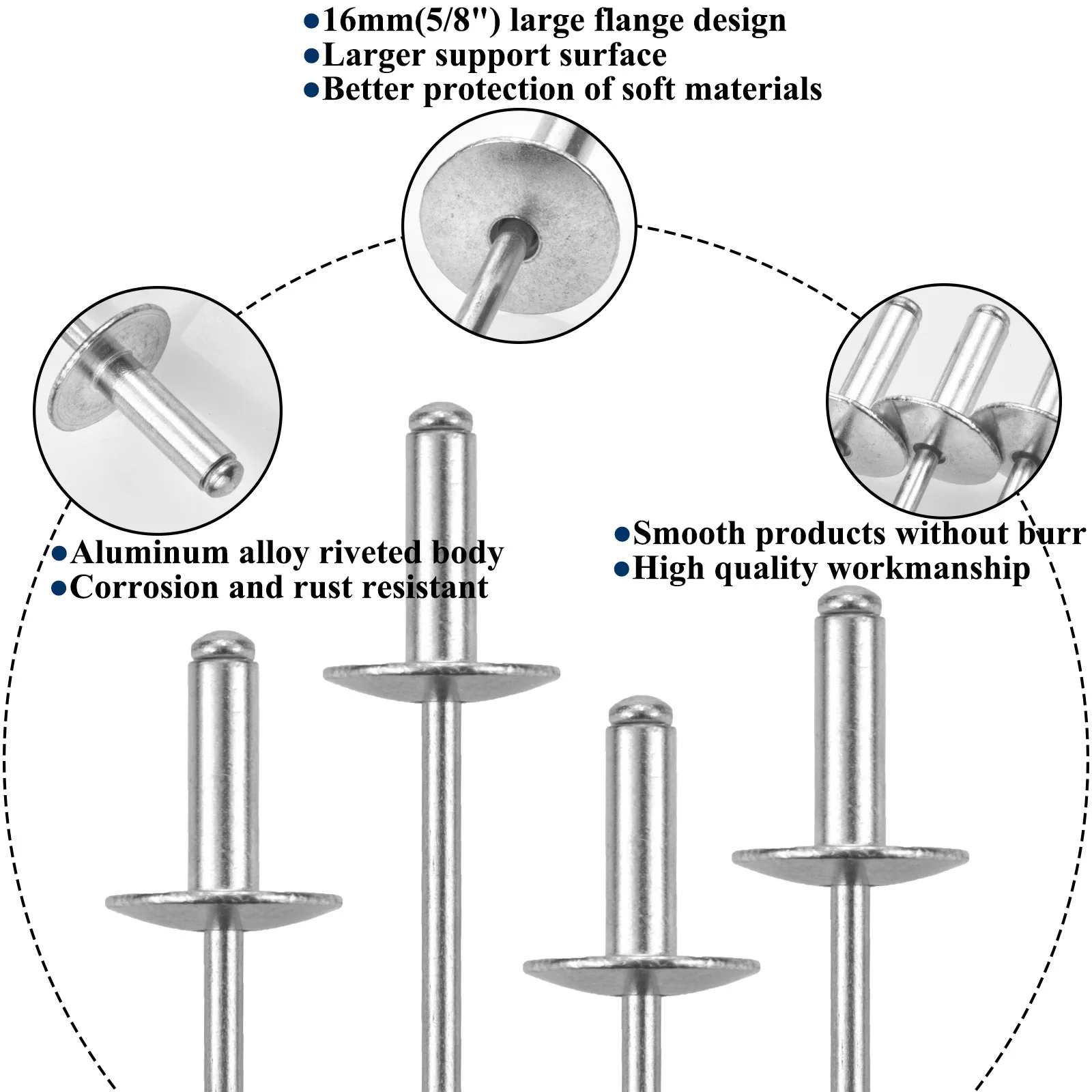Large Flange Blind Rivets Aluminum Pop Rivets Assortment Kit Blind Rivet Flange Diameter 5/8" (16 Mm) 30pcs rivets and fasteners