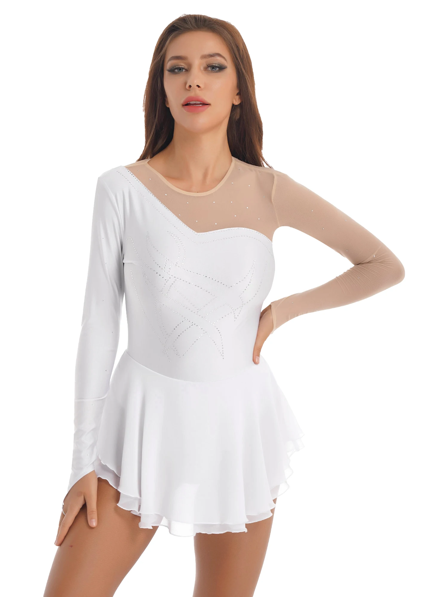 

Women Ballet Figure Skating Dance Dress Shiny Rhinestone Long Sleeve Sheer Mesh Lyrical Dance Leotard Dress Ballerina Dancewear