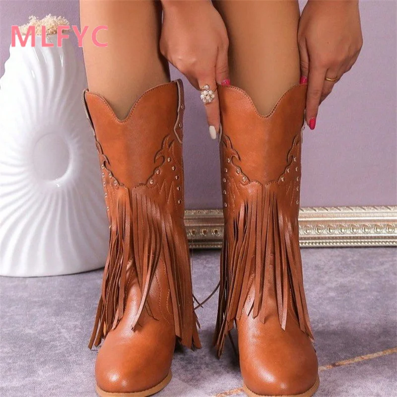 Europe and America Vintage Tassel Boots 2023 Autumn/Winter New Rivet Mid Barrel Boots Large Knight Boots Mujer