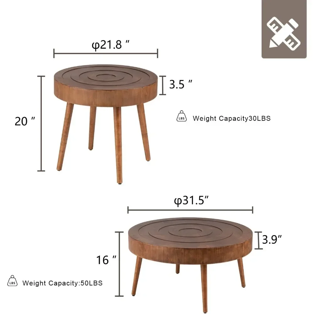 Nesting Coffee Tables w Wood Grain Finish, 2 Pieces Living Room Tea Table Sets w Wood Legs, Round Coffee Table Sets wit