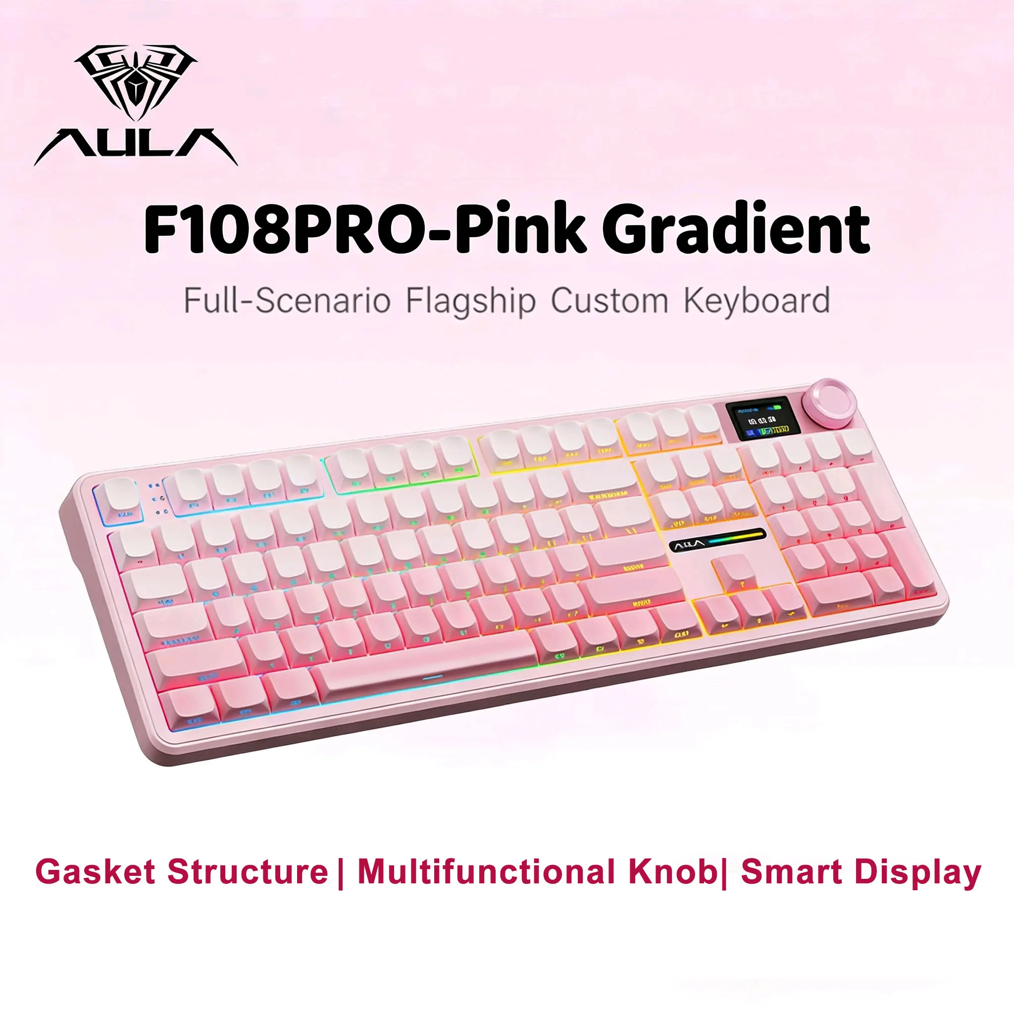 AULA F108Pro 무선 블루투스 키보드 3 모드 맞춤형 게이밍 키보드 가스켓 핫스왑 풀 사이즈 키보드 TFT 스마트 디스플레이 포함