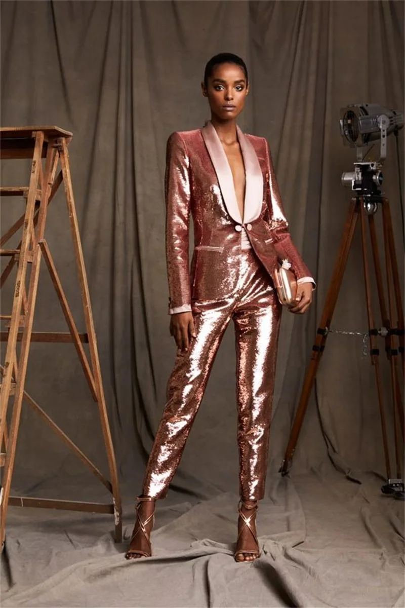 Women Suits 2 Pcs Rose Gold Sequins Sparkling Blazer + Pants Designer Red Carpet Formal Party Prom Dress