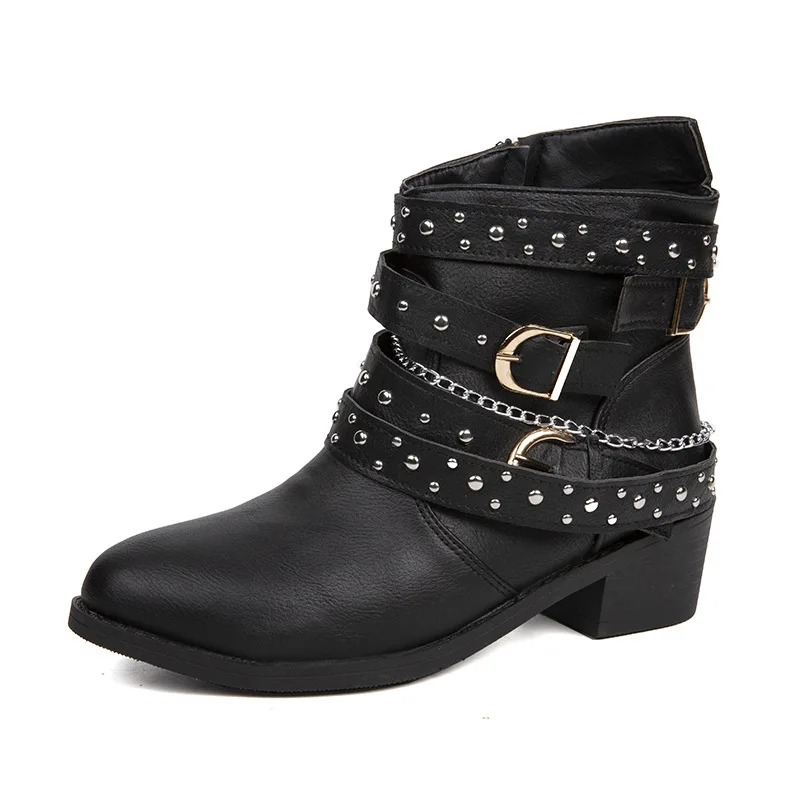 Punk Style Women Ankle Boots Rivets Studded Thick Sole Shoes Woman Black Short Booties Casual Knight Botas Mujer