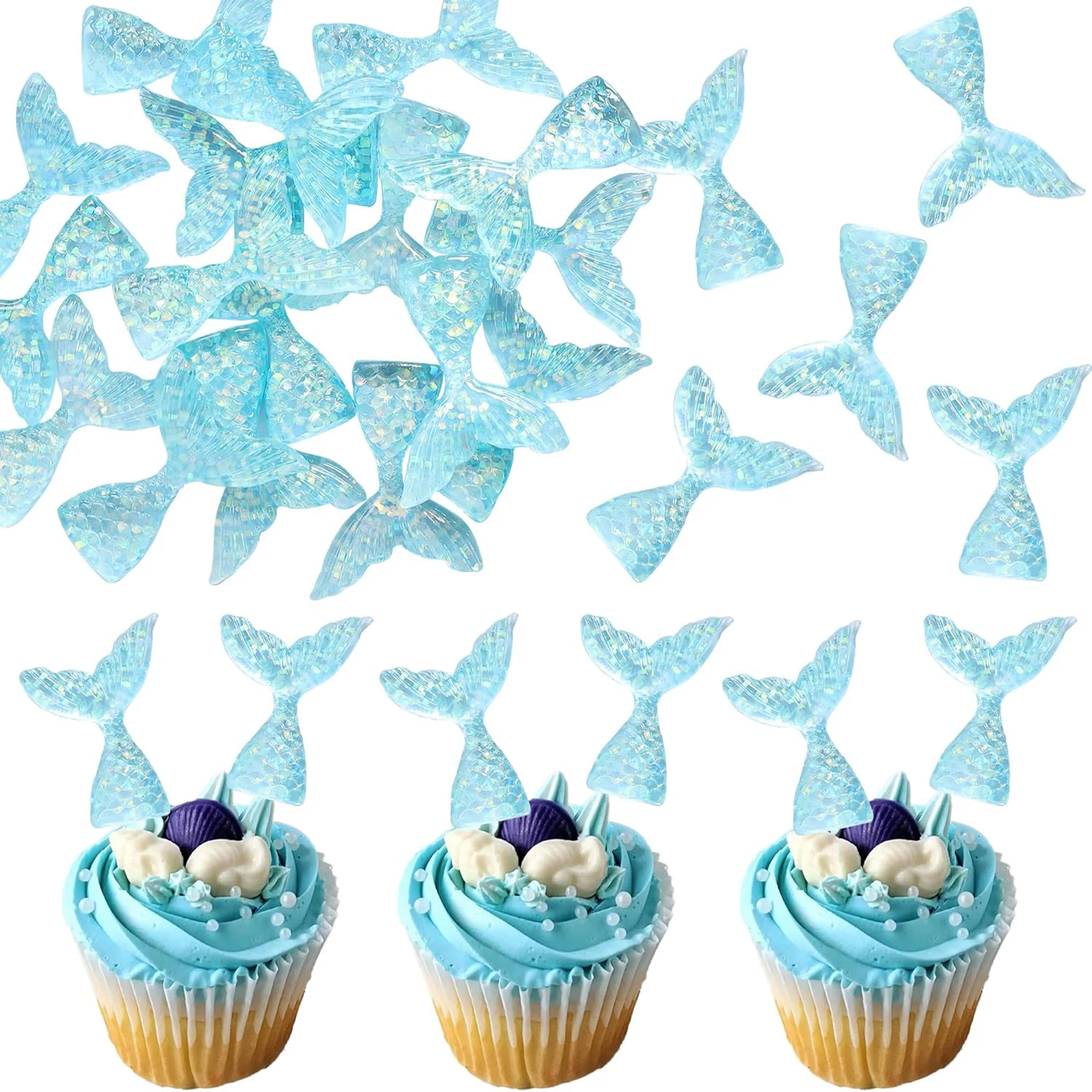 12 Stück Cupcake-Topper mit Meerjungfrauenschwänzen, blau, rosa Kuchendeckel für Meerjungfrau-Thema, Kuchendekoration, Geburtstagsfeier, Babyparty-Zubehör