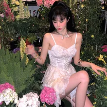  Women Dress Sleeveless Strap Criss Cross Lace Up Backles A-line Mini Dresses Sexy Fashion Summer Outfits Floral Lace Sling Dress 