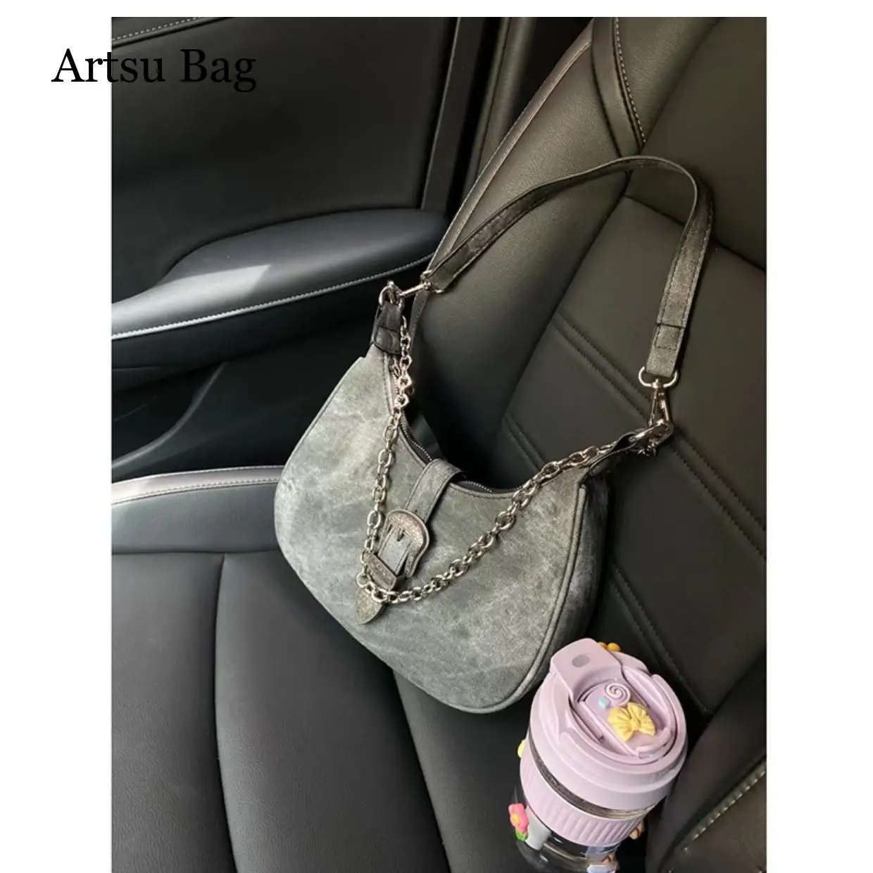 Summer 2024 New Underarm with Chain Black New Half Moon Hobo Bag Retro Handheld Shoulder Crossbody Bag
