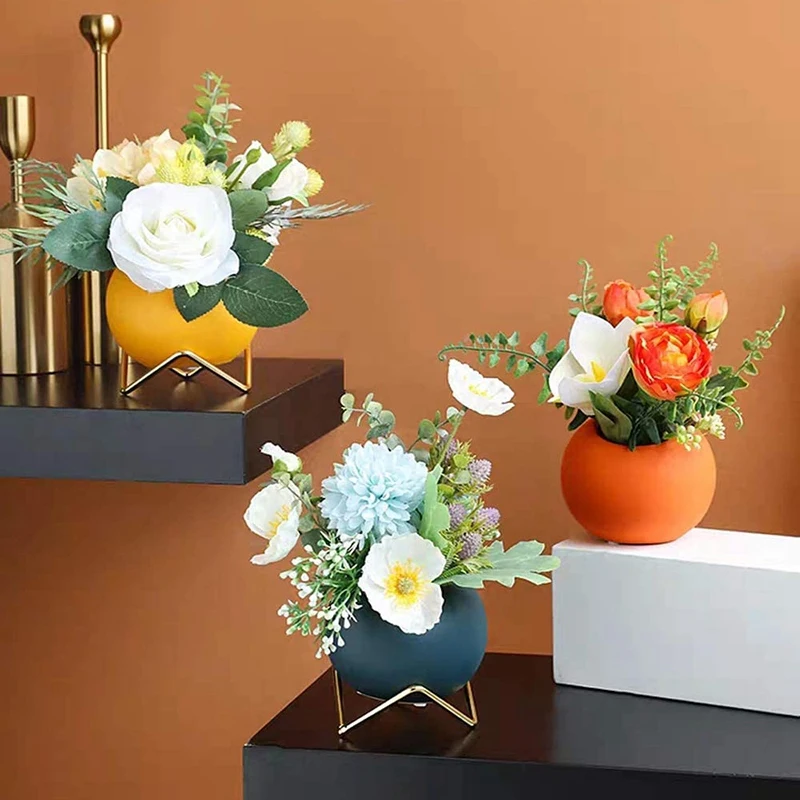 A74P-Small Flower Vase Set Of 3, Modern  Vase For Living Room Decor Yellow Blue Orange Round Vase For Faux Flowers 3