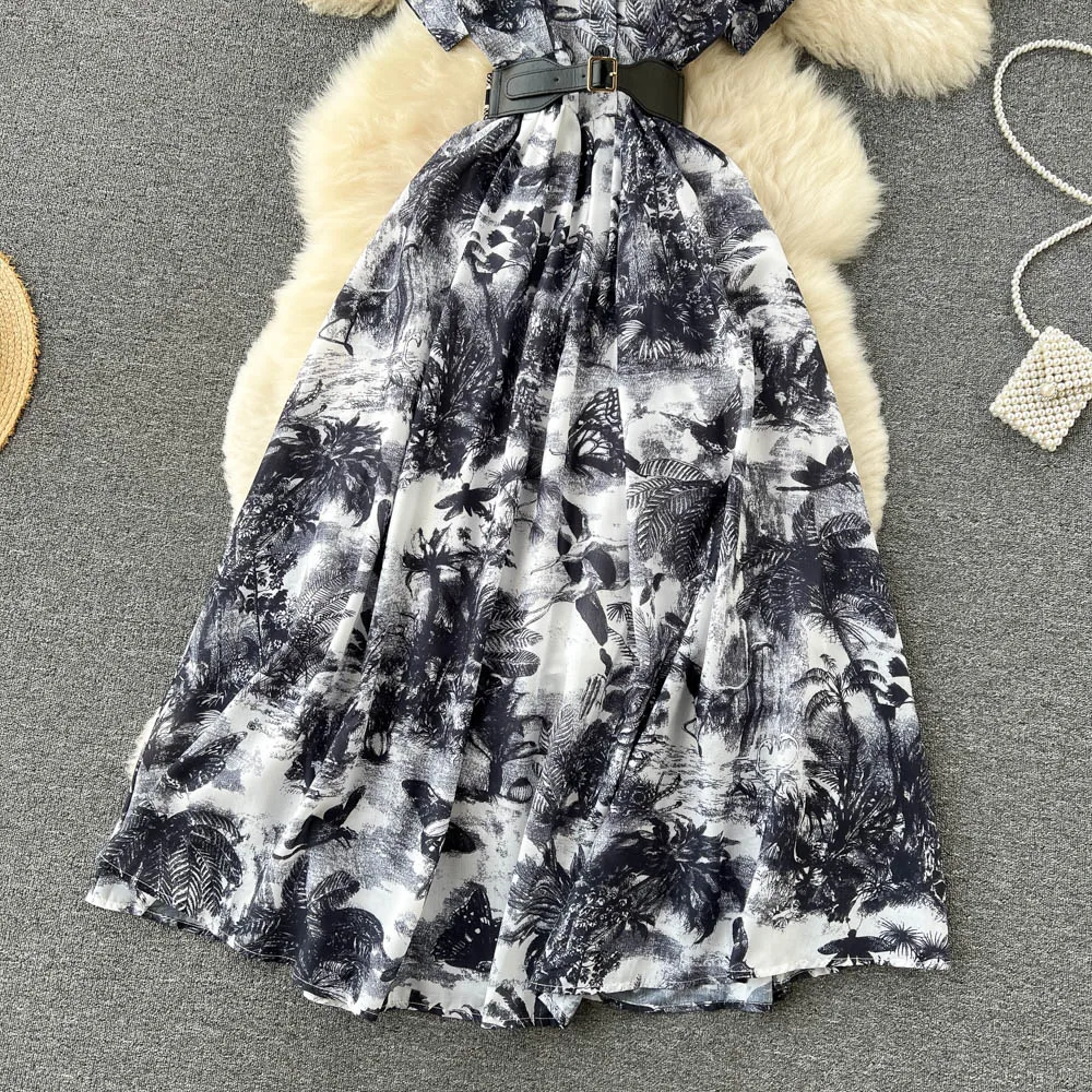 Vintage Tie Dye Print Shirt Dress Women Elegant Summer High Waist Slim A Line Printed Chiffon Long Robe Ladies Casual Long Robe