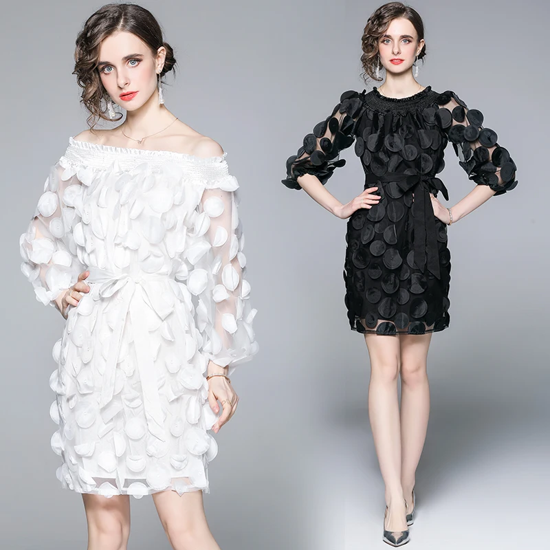 

Новинка лета 2022, женское платье с пышными рукавами, дизайнерское шифоновое платье в западном стиле с трехмерными цветами и одним открытым плечом на шнуровке