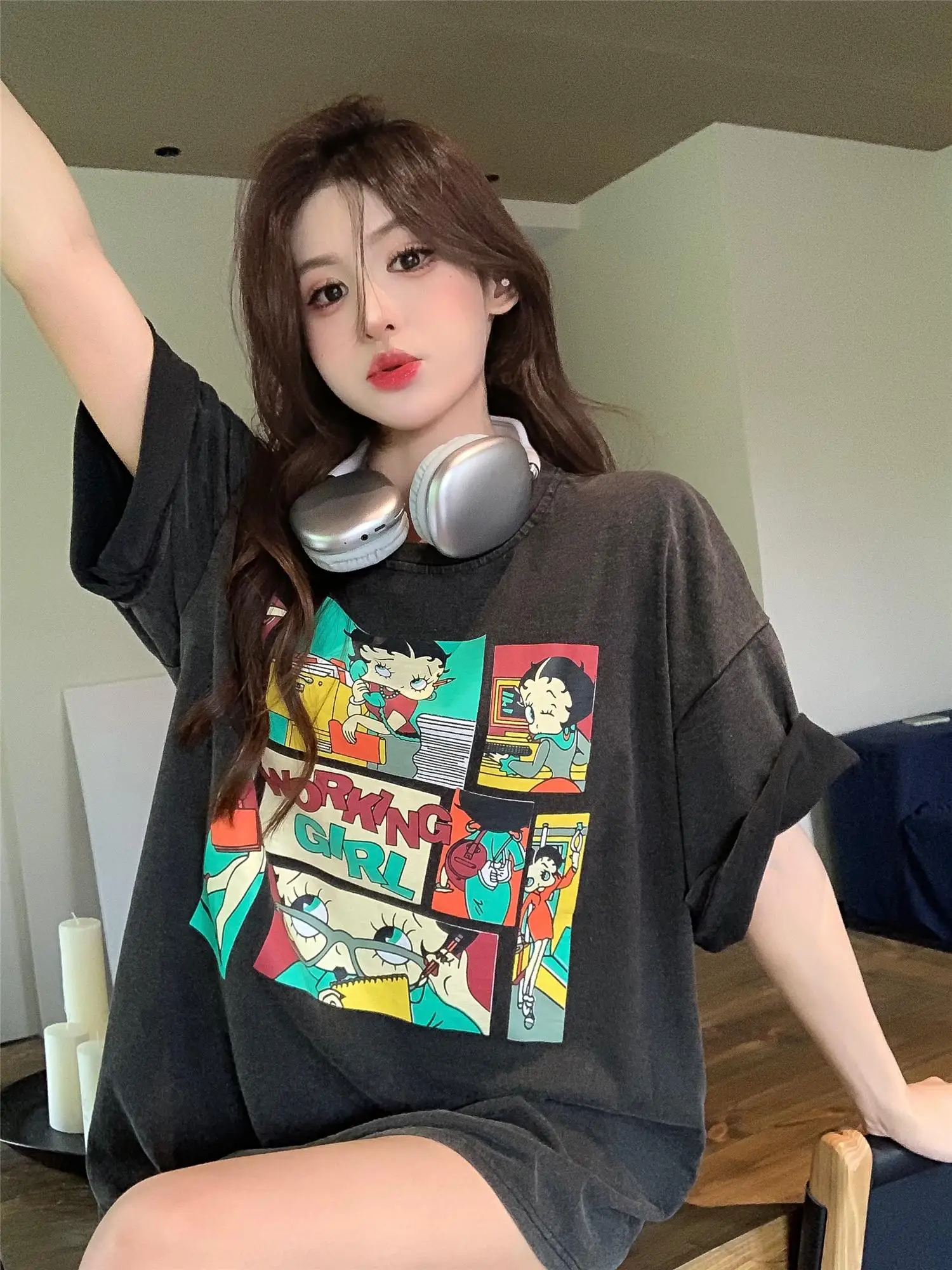 

Vintage Dark Gray Summer T-Shirts Women Cartoon Print Casual Shirts Top Short Sleeve Harajuku Oversized Top Tees Y2K Streetwear