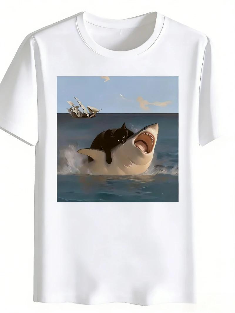 Lustiges T-Shirt mit Grafikdruck einer schwarzen Katze, die auf einem Hai reitet, lässiges Rundhals-Oberteil für Männer und Frauen, kreatives Meme-Print-Sommer-Streetwear-T-Shirt